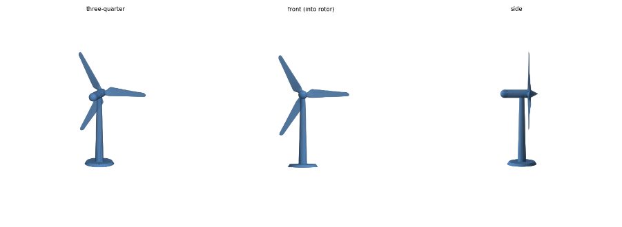 Three CAD views of the compact wind turbine